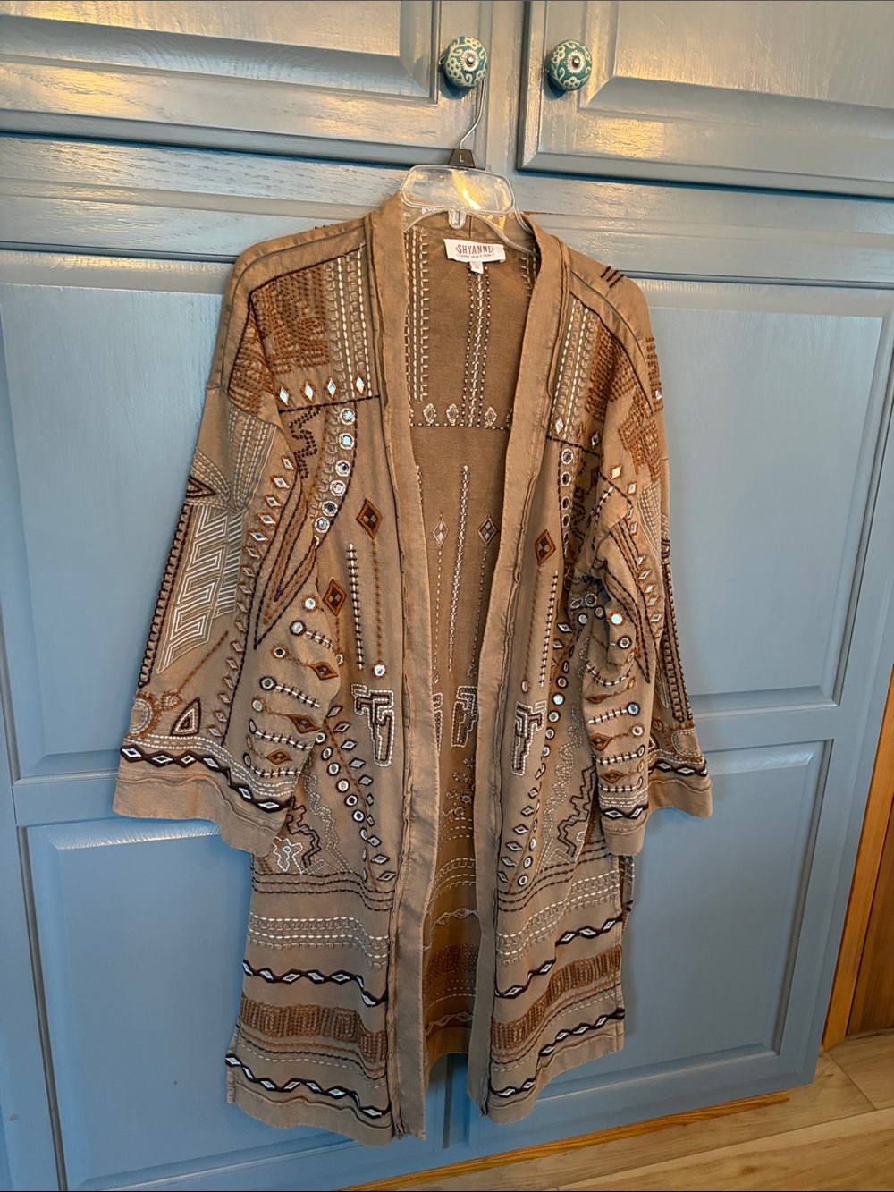 Shyanne Embellished Beige Open-Front Cape Coat